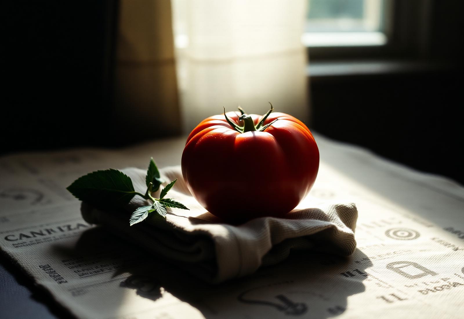 A single heirloom tomato on a linen cloth in soft window light