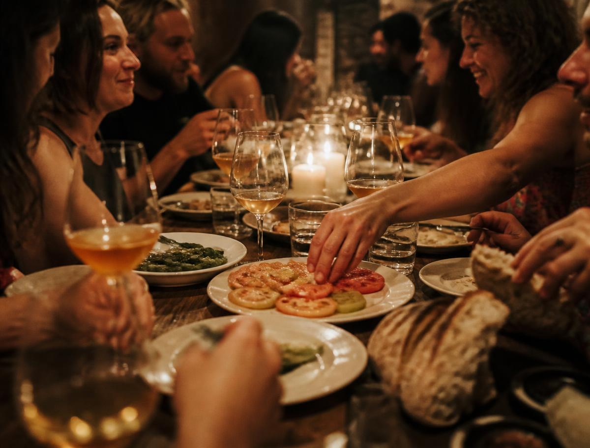 Guests sharing plates of sliced heirloom tomatoes and glasses of wine at a long communal table