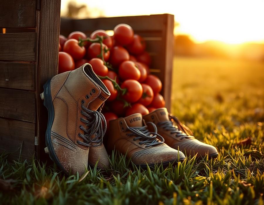 Football boots beside a crate of tomatoes at sunset